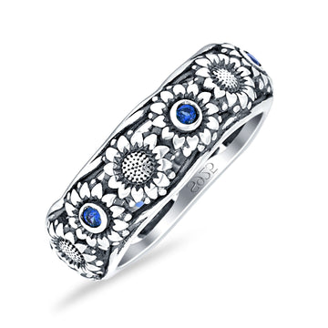 Sunflower Oxidized Statement Wedding Band Blue Sapphire CZ 925 Sterling Silver Wholesale